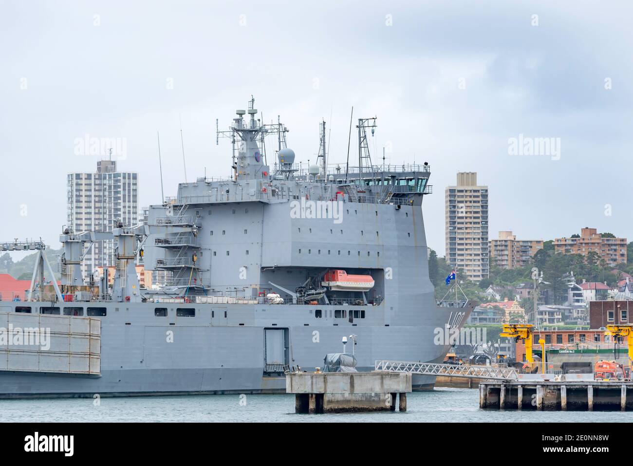 HMAS Choules at Garden Island is a Bay Class landing ship purchased from the Royal Fleet Auxiliary (RFA) by the Royal Australian Navy (RAN) in 2011 Stock Photo