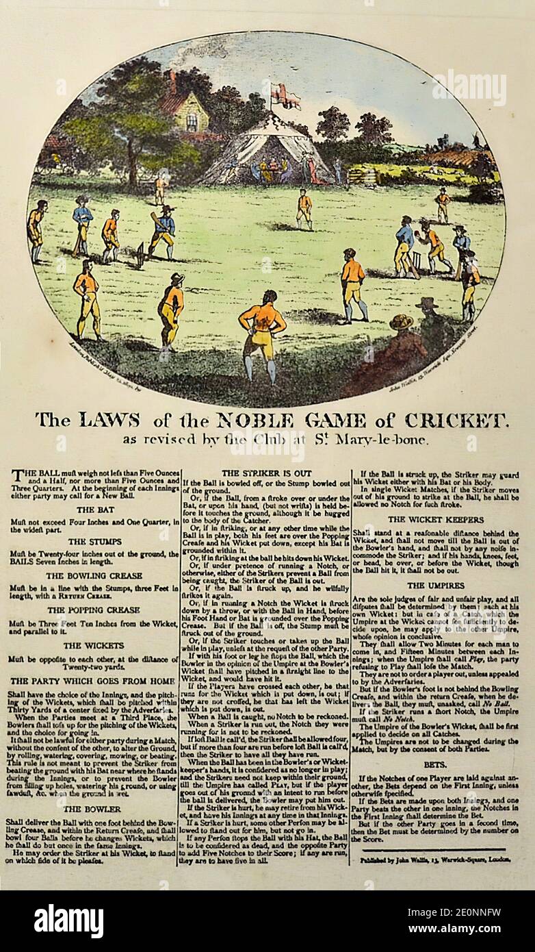 The Laws of the Noble Game of Cricket, as revised by the Club at St. Mary-le-bone, c. 1778 (18th Century) Stock Photo