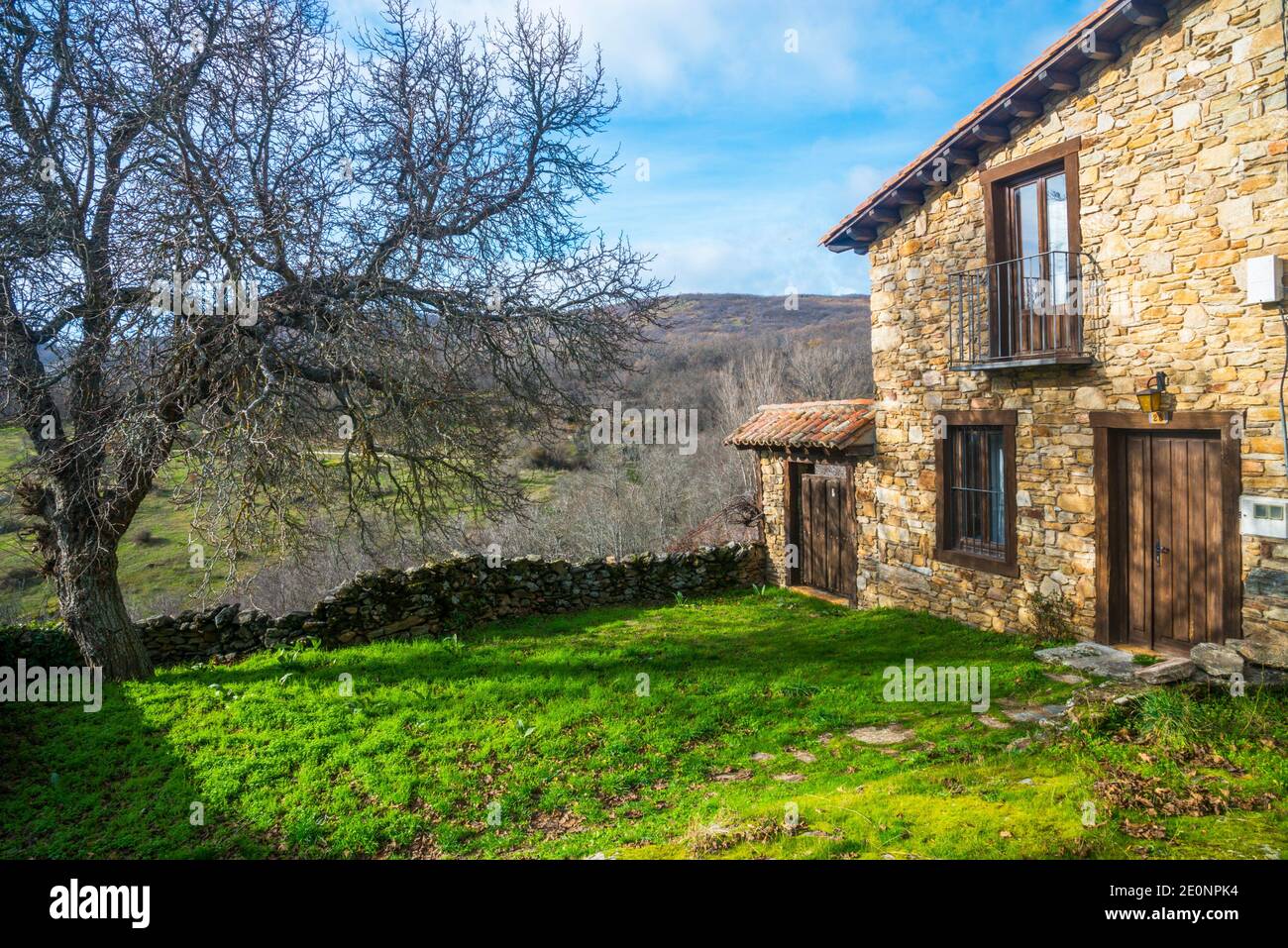 House and landscape. Horcajuelo de la Sierra, Madrid province, Spain. Stock Photo