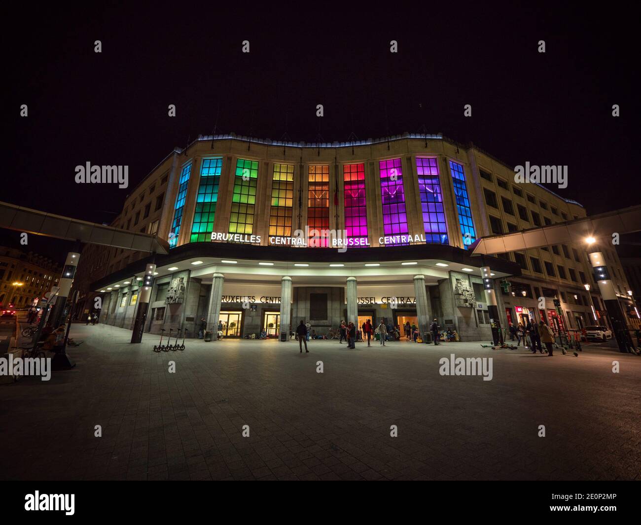 Rainbow colorful lights illumination of modernist Brussels Central train station Bruxelles Brussel Centraal main entrance Belgium Europe Stock Photo