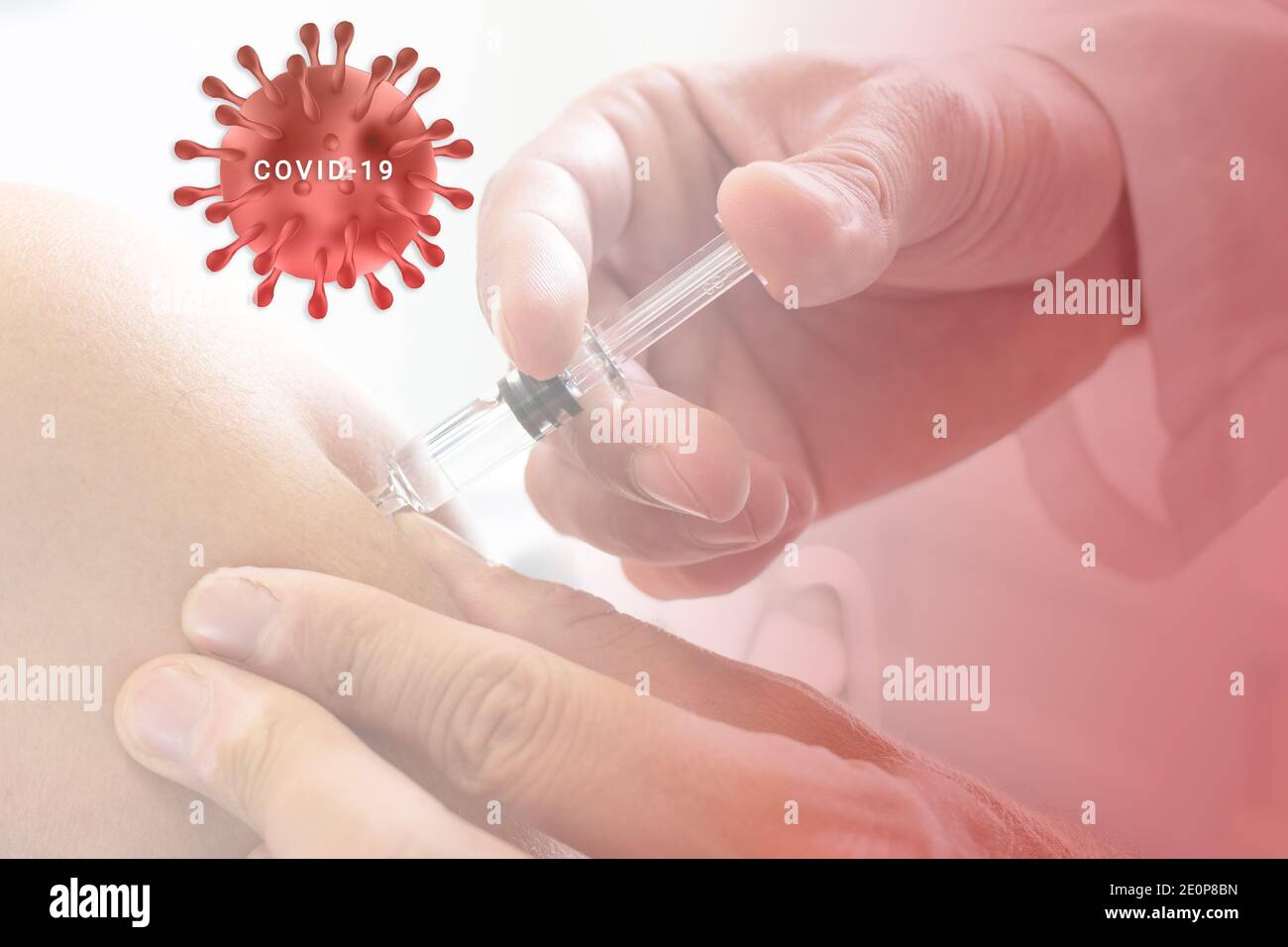Covid-19 vaccine injection - close up of injection in arm with syringe and vaccine - banner design Stock Photo