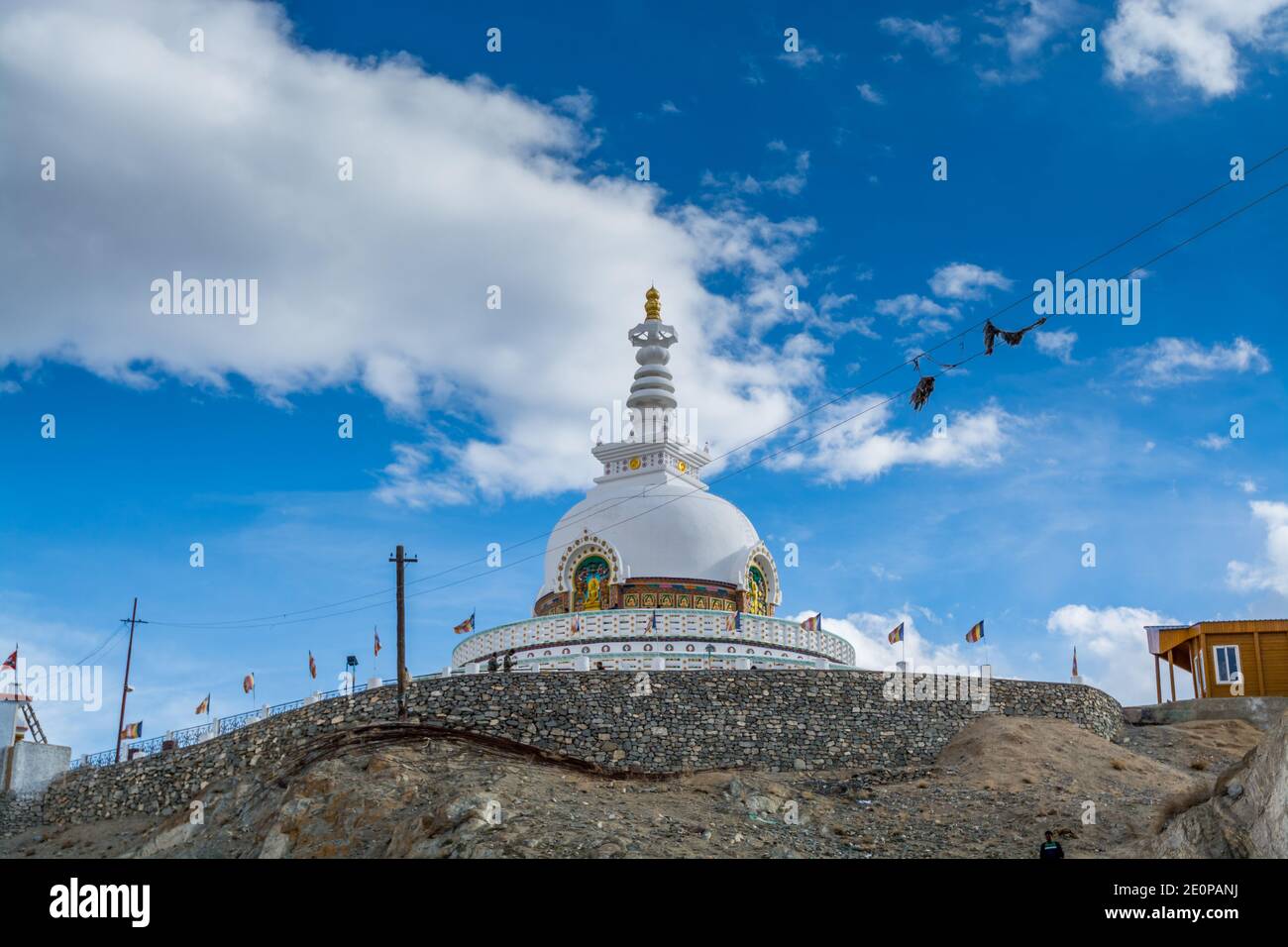 Shanti Stupa, a Buddhist white-domed stupa (chorten) on the top of Chanspa, Leh city, Ladakh of the   Jammu and Kashmir Stock Photo