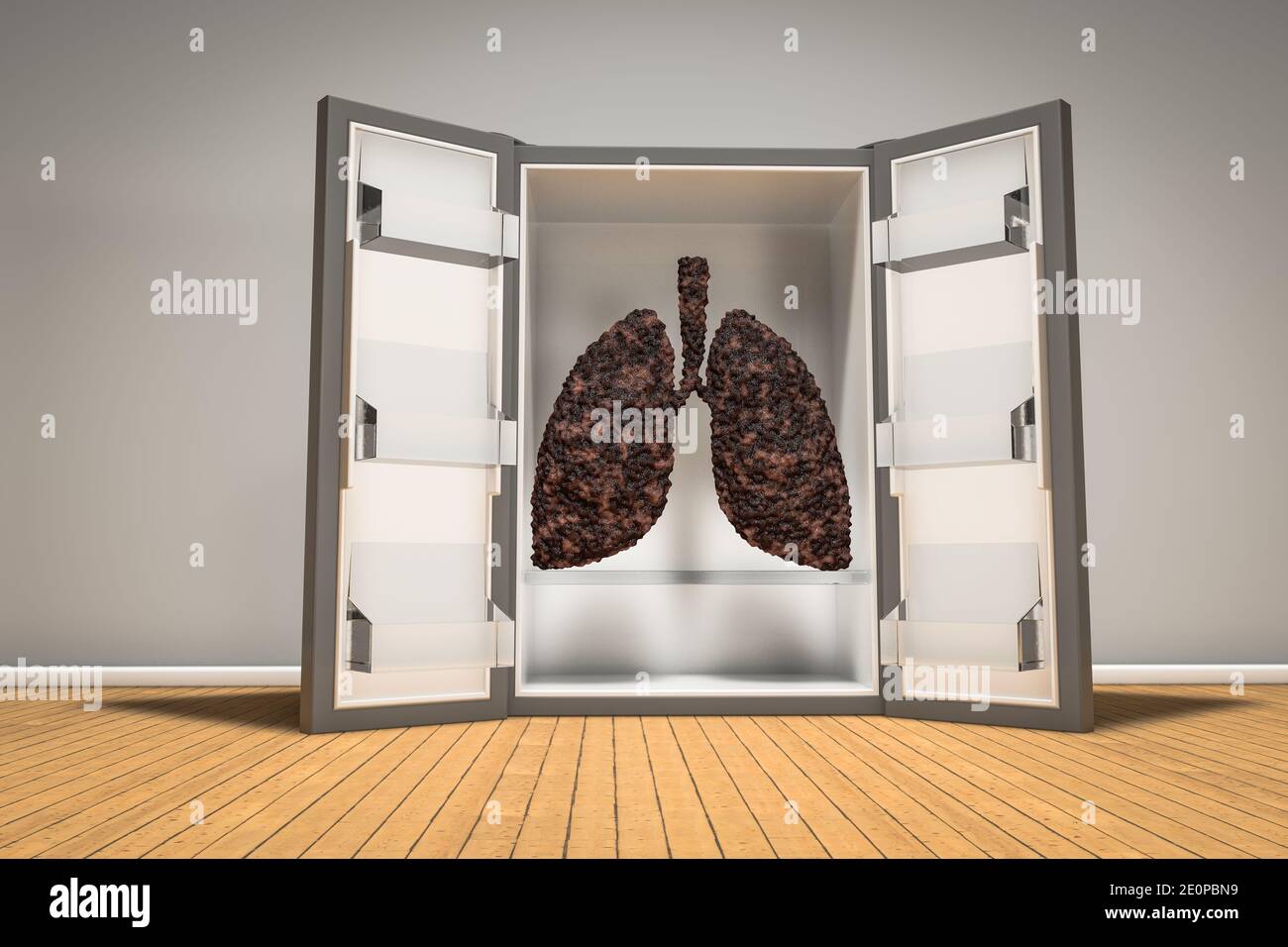 Disease lung in fridge on wooden floor. Freeze the tobacco or slow down the  smoking concept. 3D illustration Stock Photo