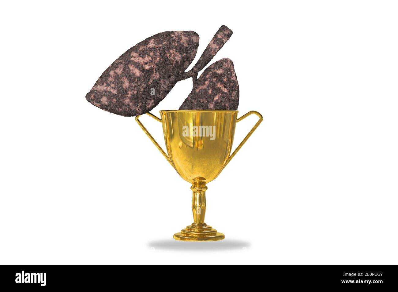 Golden trophy cup isolated on white background with disease lung inside. No smoking day world,31 May or quitting smoking. 3d illustration Stock Photo