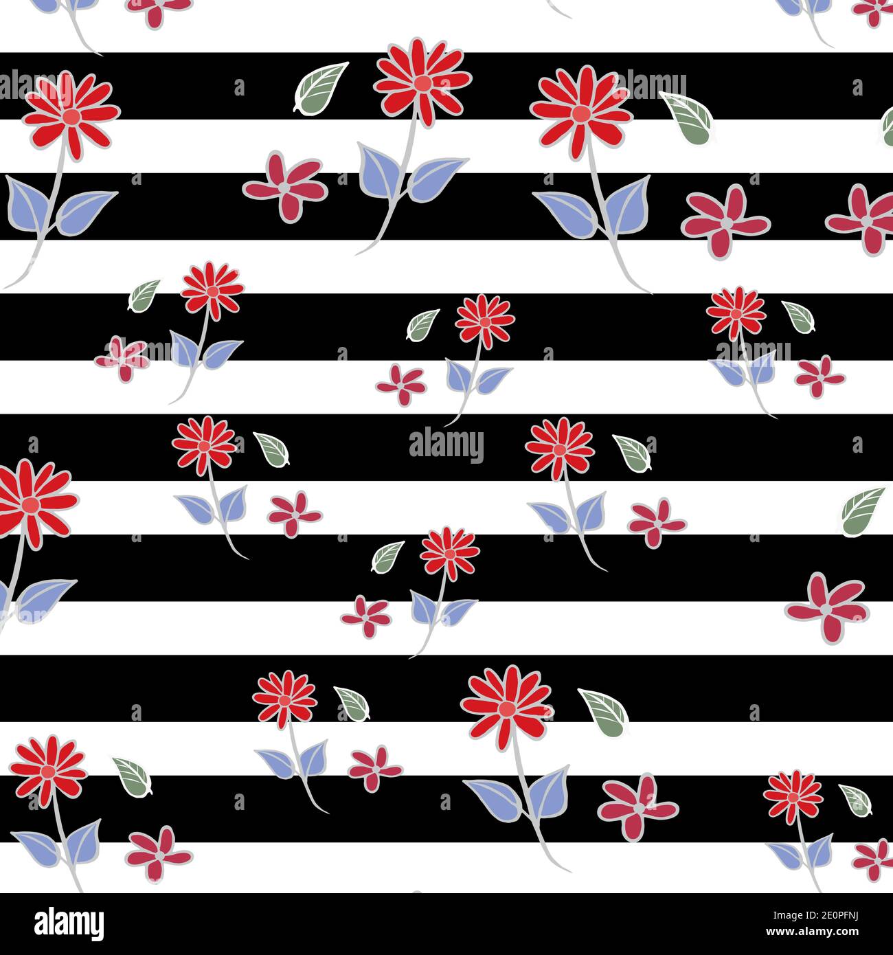 Pale Violet Red flowers on black striped background seamless repeat pattern Stock Vector