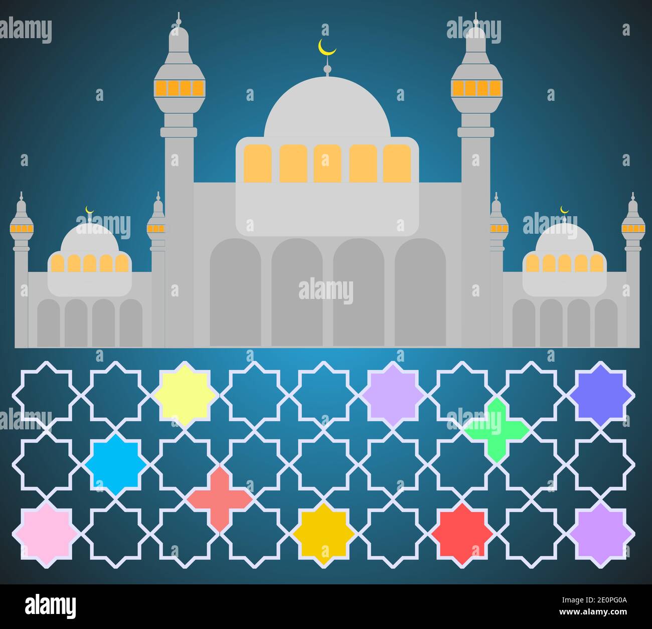 Colorful Mosque vector with Arabic patterns, great for Ramadan style poster Stock Vector