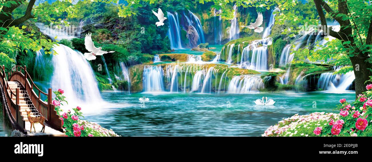 3d mural colorful landscape . flowers branches multi colors with trees and  water . Waterfall and flying birds . suitable for print on canvas Stock  Photo - Alamy