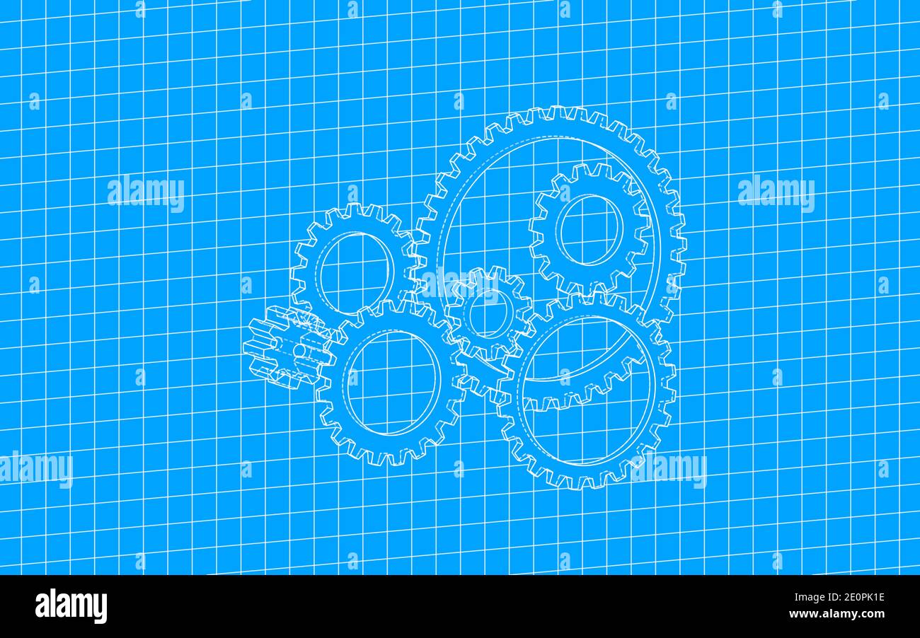 Gear design with blueprint style, grid pattern, raster illustration ...