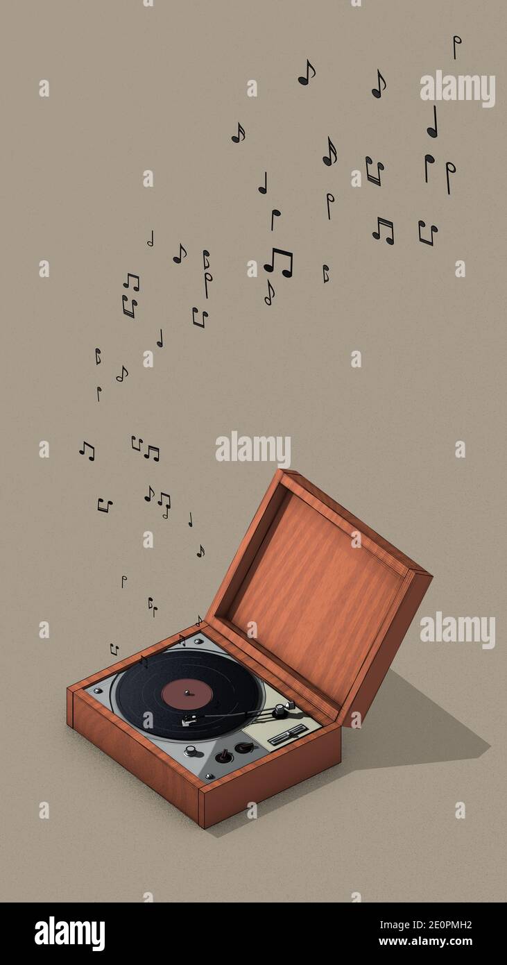 Retro style vinyl record player, music album, raster illustration
