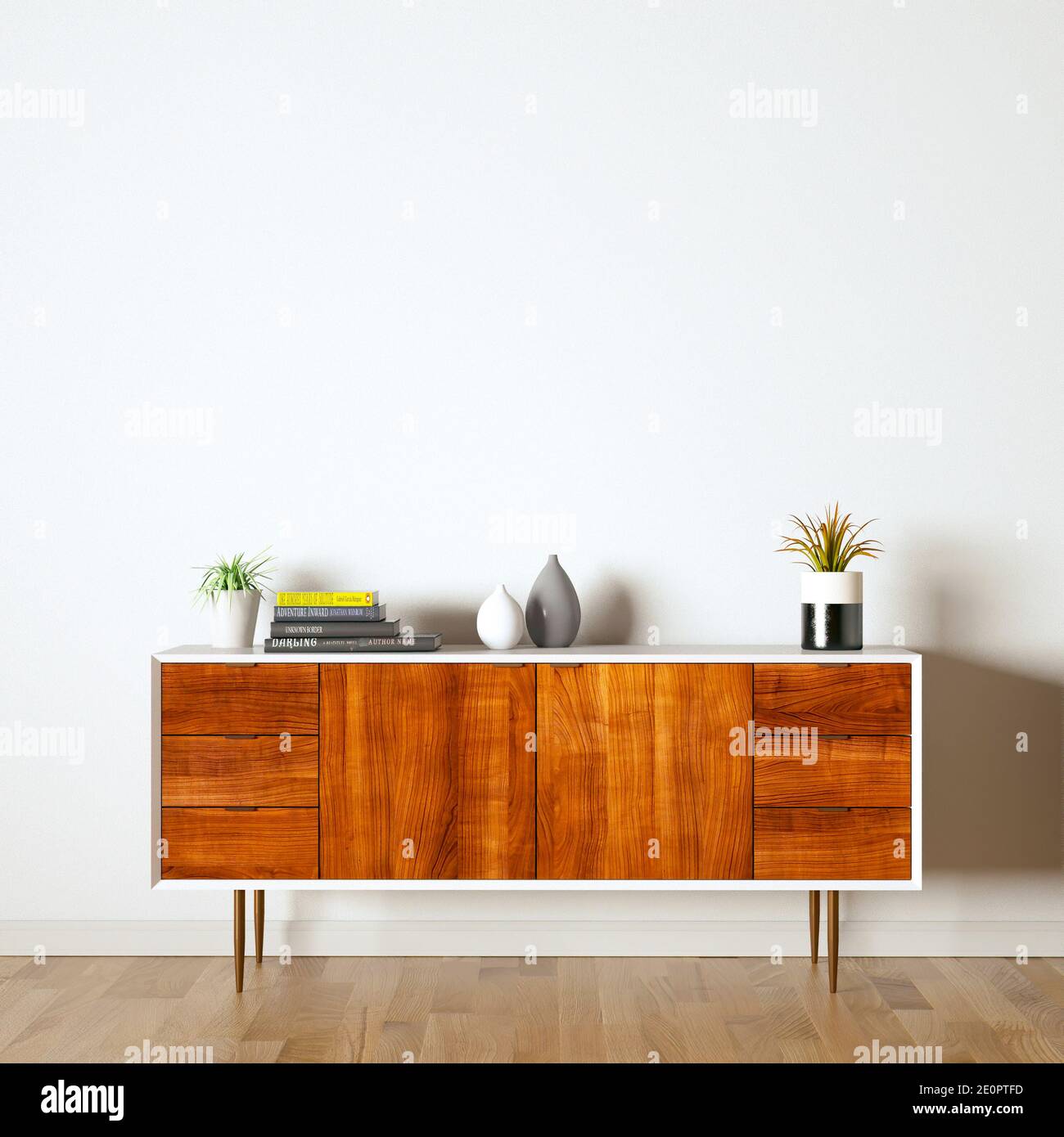 Room with Wooden Flooring and Mid Century Furniture 3D Rendering. Front view and empty walls can be used as frame, print, decor mockup. Stock Photo