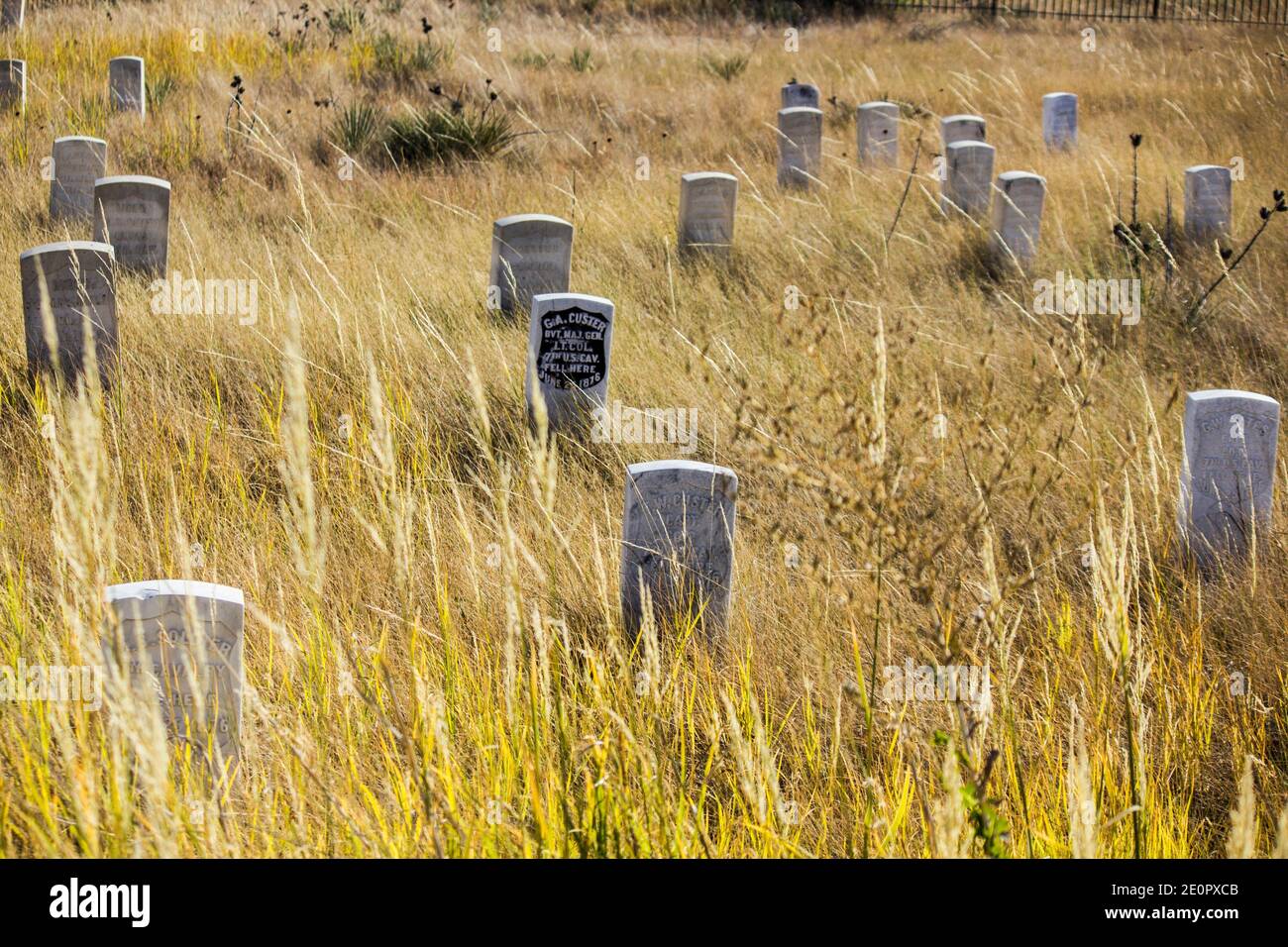 Custer's headstone among others. Little Bighorn Battlefield National Monument. Crow Agency, Montana, U. S. A. , North America. Stock Photo