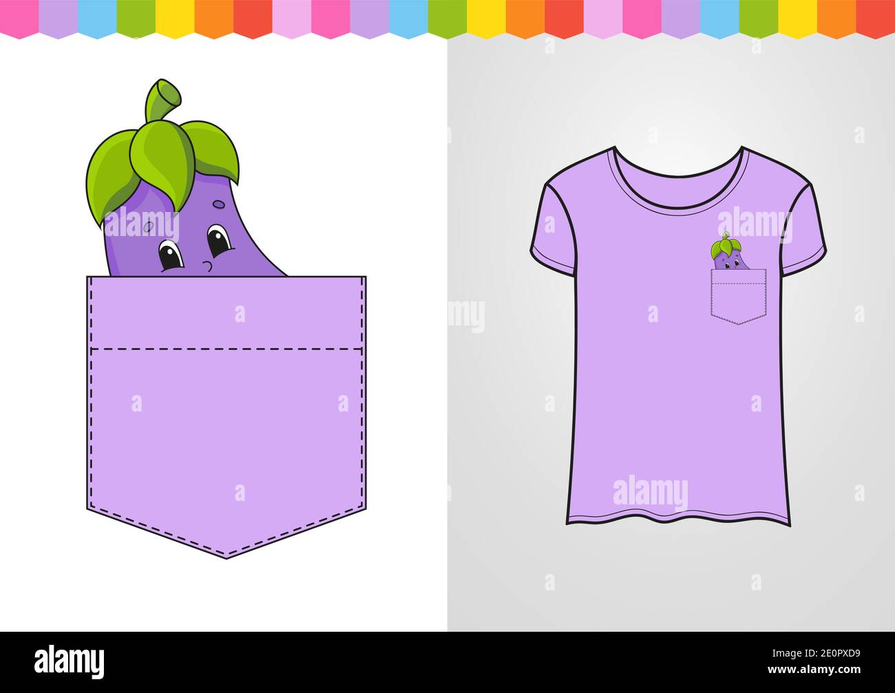 Eggplant in shirt pocket. Cute character. Colorful vector illustration