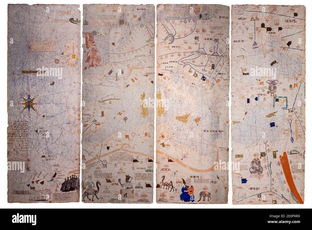 Catalan Atlas, Medieval world map created in 1375. Reproduction at House Museum of Columbus, Valladolid, Spain. Stock Photo