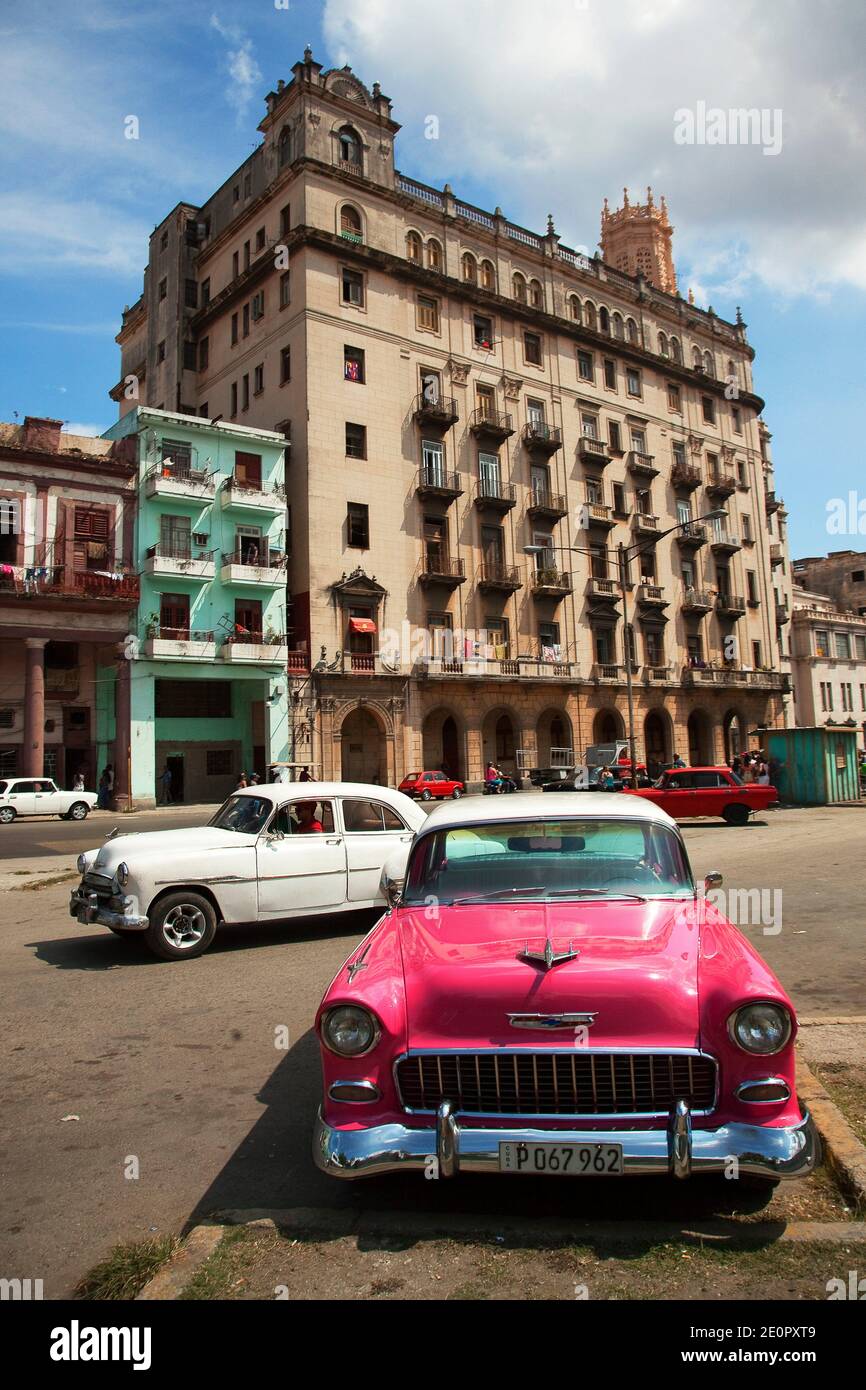 Old American cars used as taxi at ChinatownBarrio Chino in Center