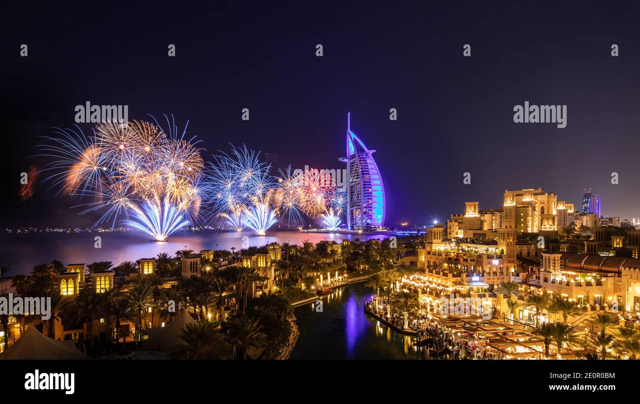 2021 New years fireworks at the Burj Al Arab - Dubai, UAE Stock Photo