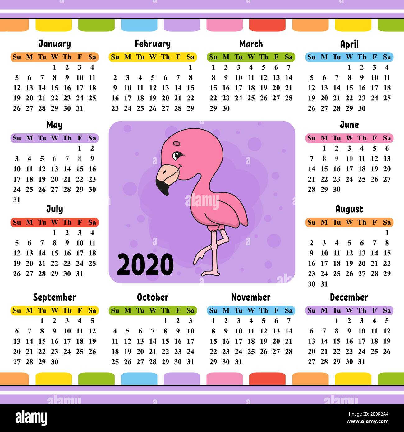 Calendar For 2020 With A Cute Character. Fun And Bright Design 