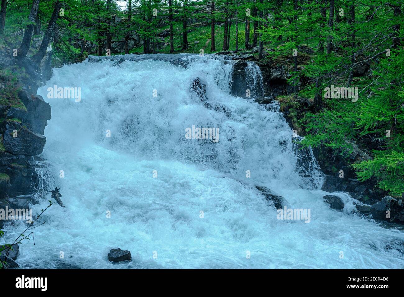 A waterfall in the valley of a river in the Hautes-Alpes, France. The swirls cause a cloud of dazzling white fog. On the bank grow patches of grass. Stock Photo