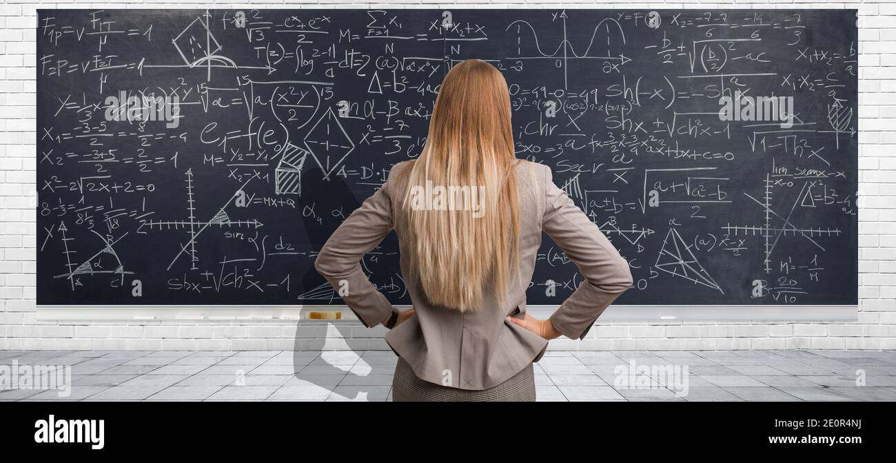 Business people in front of problems concept - illustration banner with people standing in front of blackboard and math formulas Stock Photo