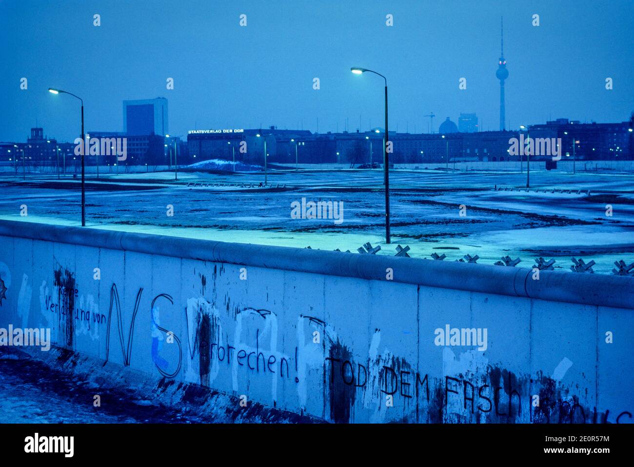 Site of Hitlers bunker in no mans land behind the Berlin Wall and East Berlin Berlin Television Tower 1979 From a series of portraits for the Sunday Times Magazine to illustrate extracts from The Berlin Bunker by James P O'Donnell Stock Photo