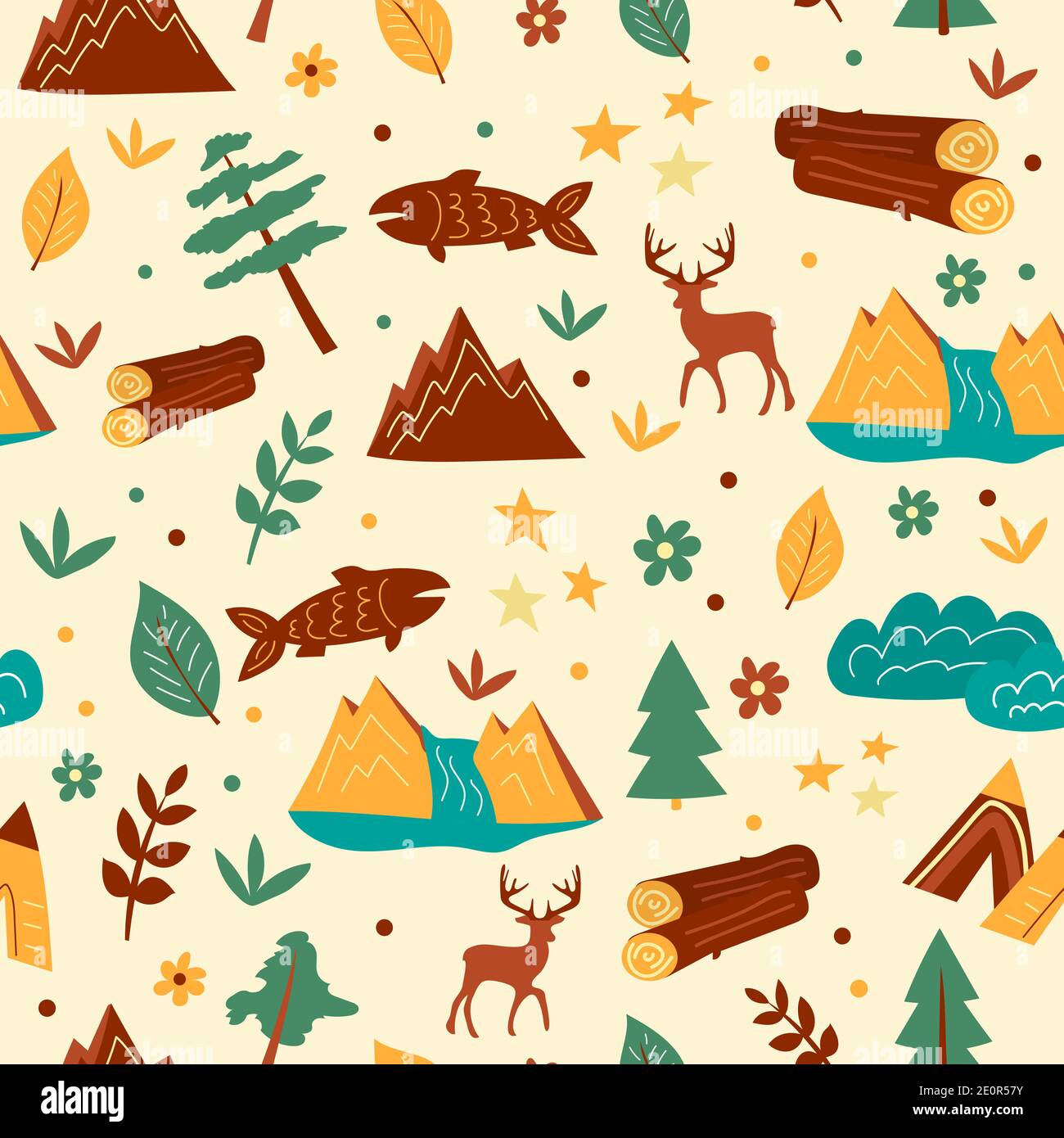 Graphic illustration seamless pattern with trees and mountains. Hand ...