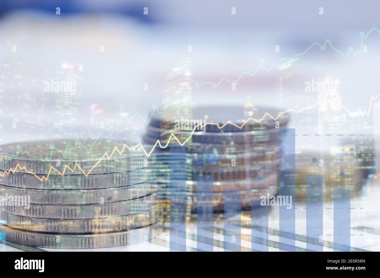 rows of coins for finance and graph double exposure of city business concept Stock Photo
