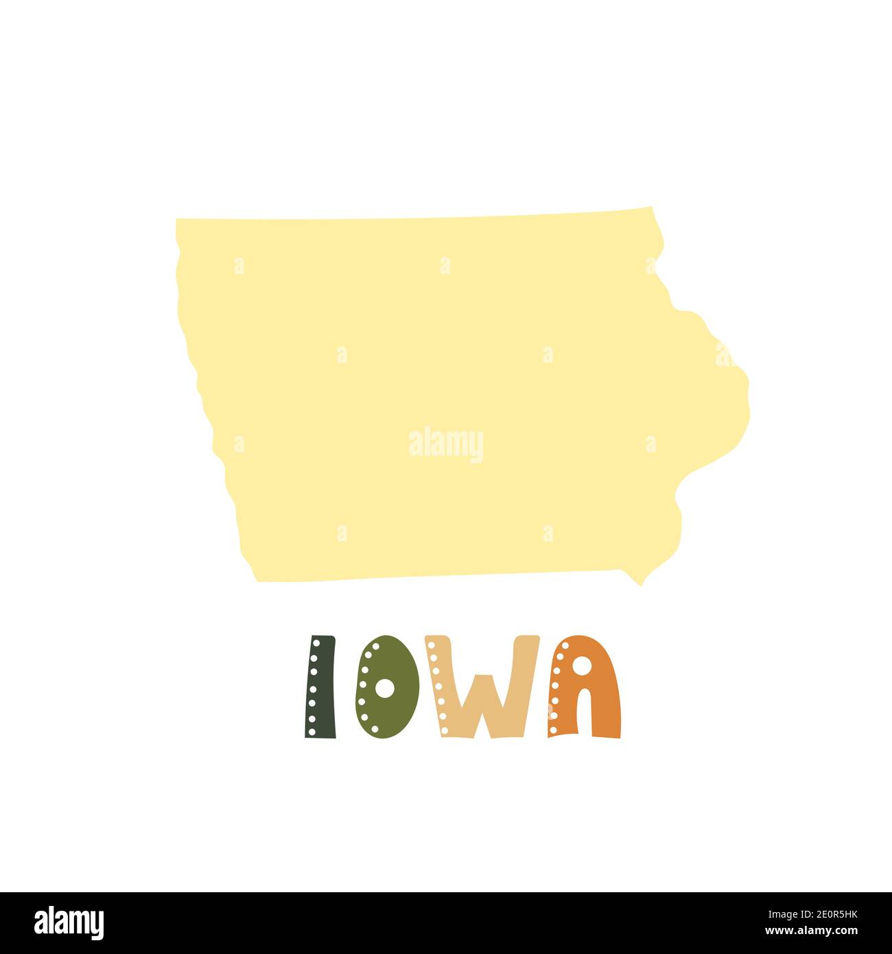 USA collection. Map of Iowa - yellow silhouette. Doodling style lettering Stock Vector