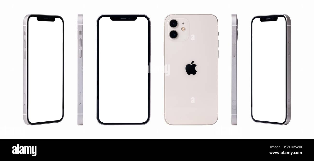 Antalya, Turkey - January 02, 2021: Newly released iphone 12 white color mockup set with different angles Stock Photo