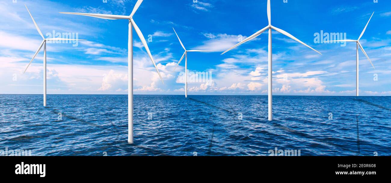 Alternative renewable energy, Windmills isolated on sea - web Banner Stock Photo