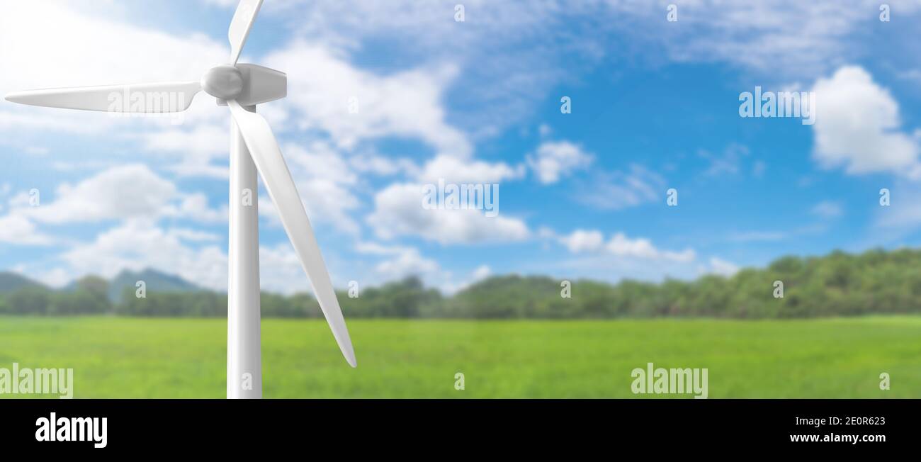 alternative renewable energy, Windmill isolated on field - web Banner Stock Photo