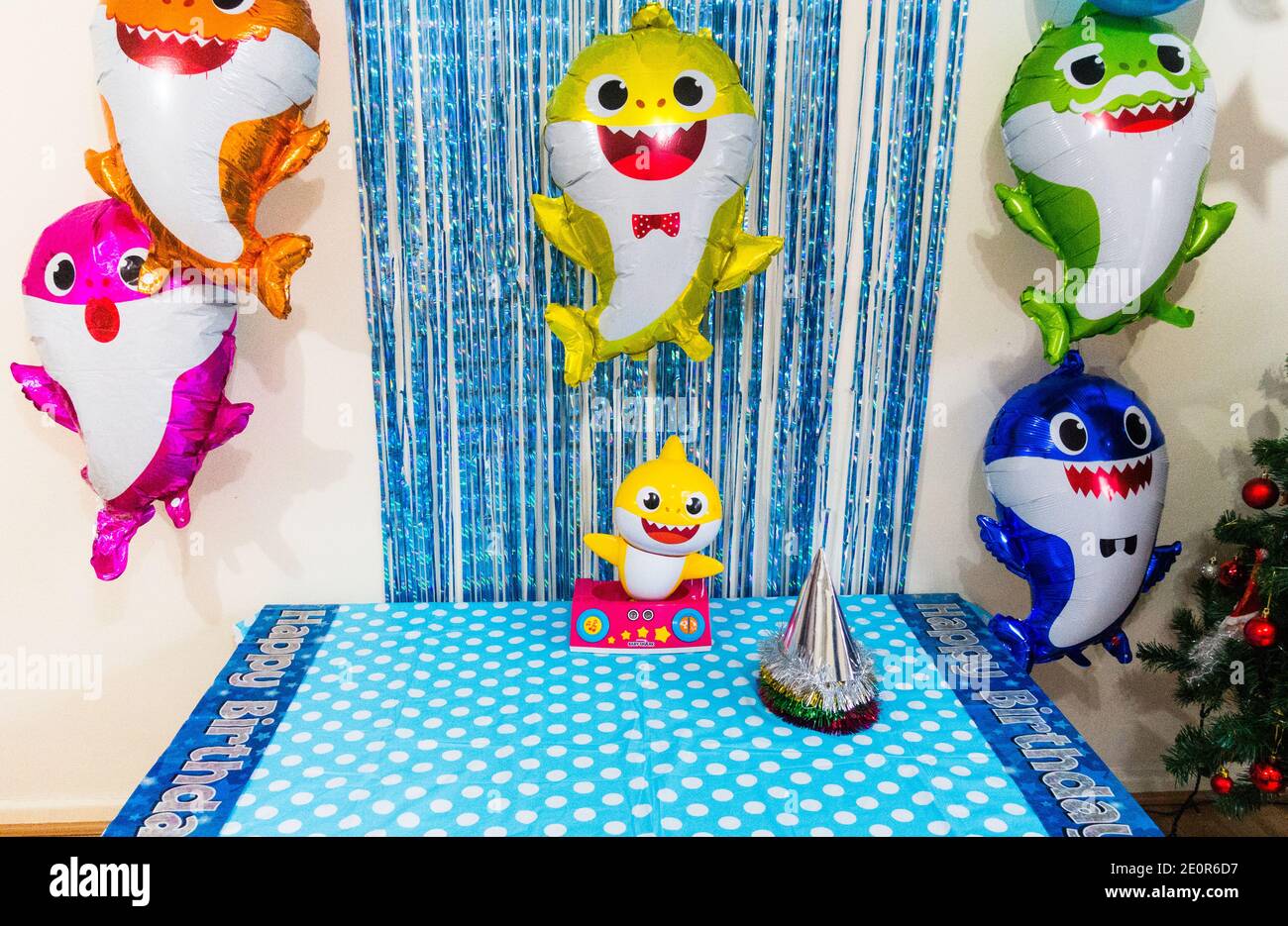 Children baby shark themed birthday celebration decorations Stock Photo