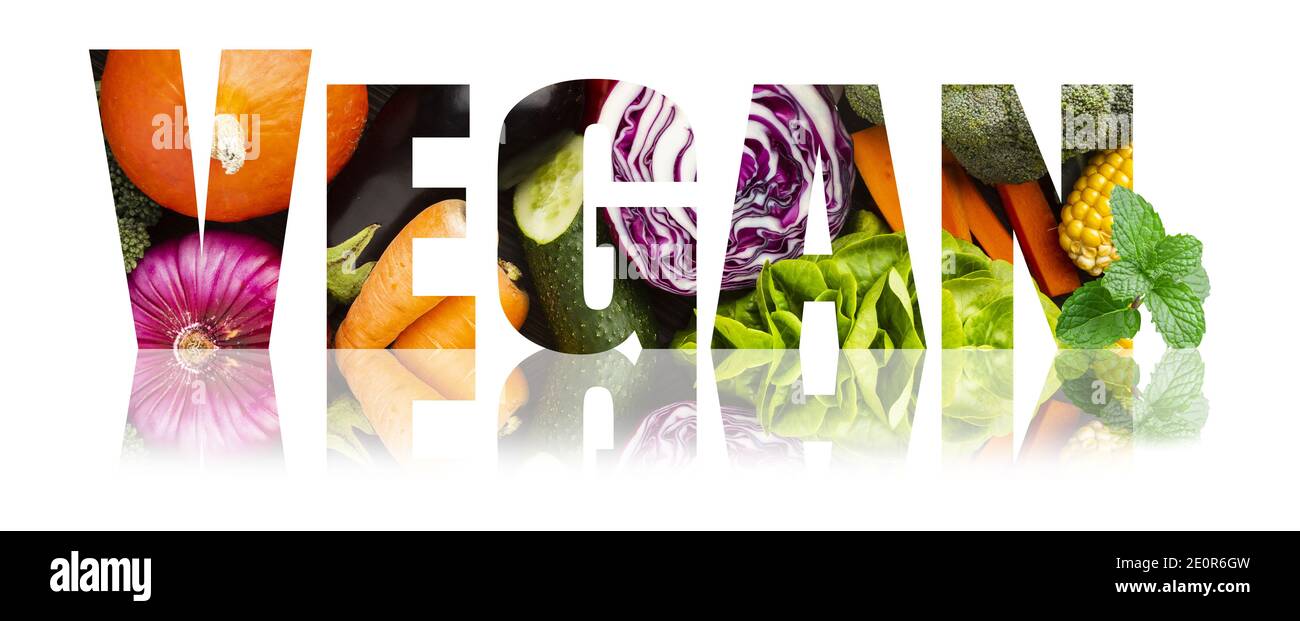 Vegan title with organic vegetable inlay Stock Photo