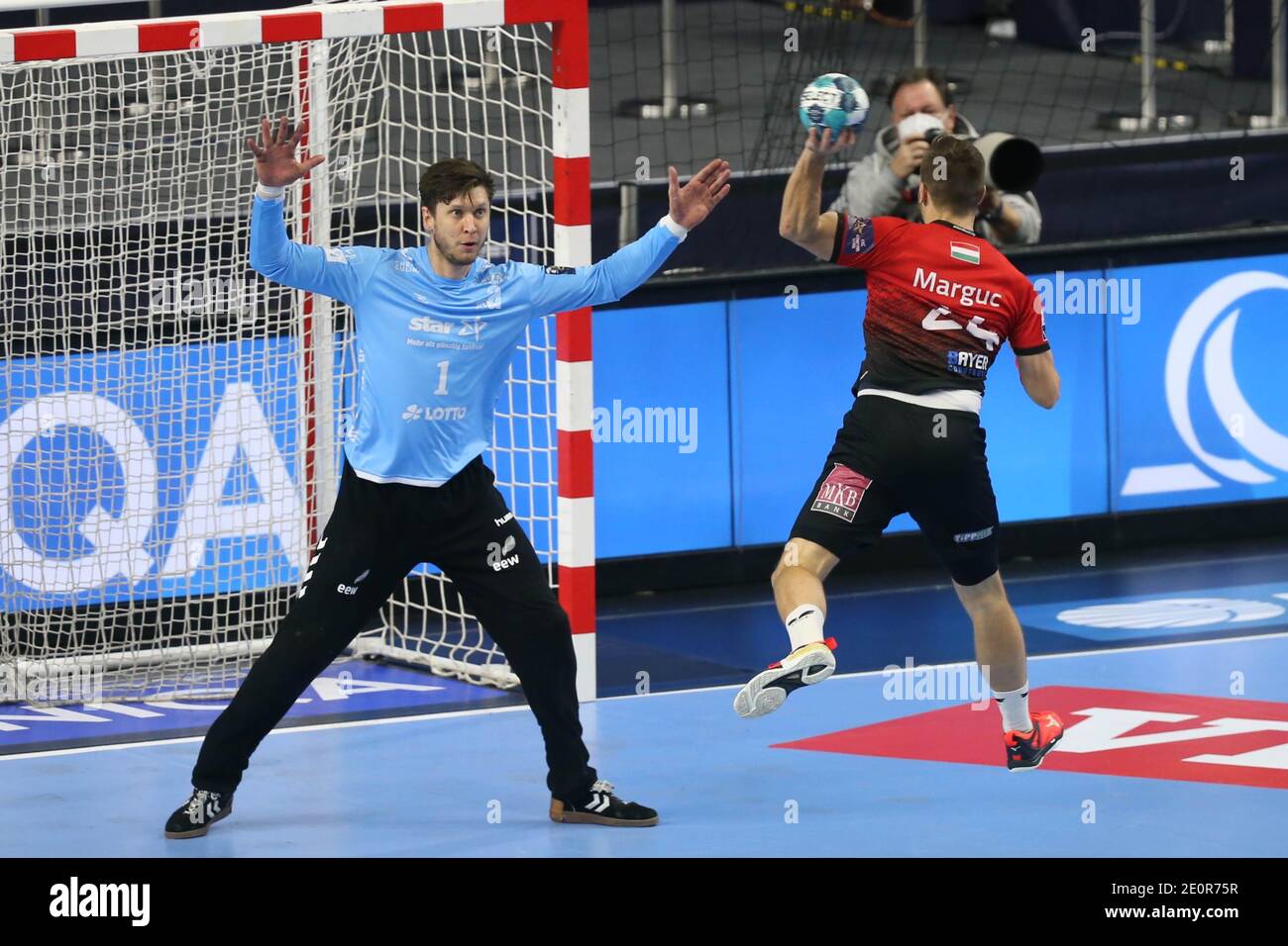 Niklas Landin of THW KIEL and Gasper Marguc of Telekom Veszprem HC during  the 2020 EHF Champions League, Final Four semi final handball match between  THW Kiel and Telekom Veszprem HC on