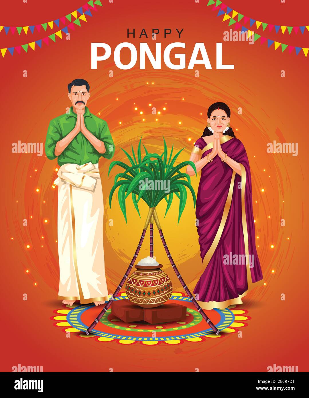 Happy Pongal celebration with sugarcane, Rangoli and pot of rice. Tamil family offering prayers. Indian cultural festival celebration concept illustra Stock Vector