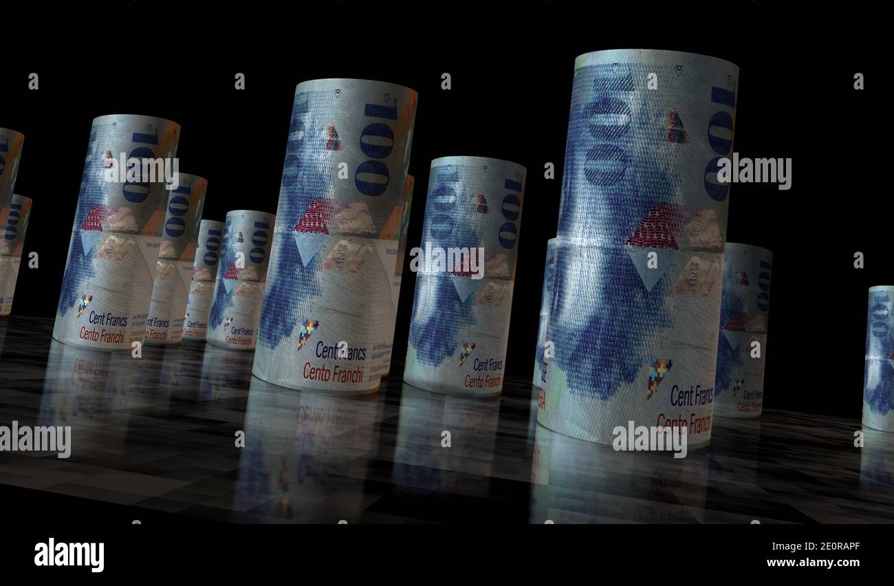 Swiss Francs rolls loop 3d illustration. Abstract concept of economy, finance, cash, business and banking in Switzerland. Money on the table. CHF roll Stock Photo