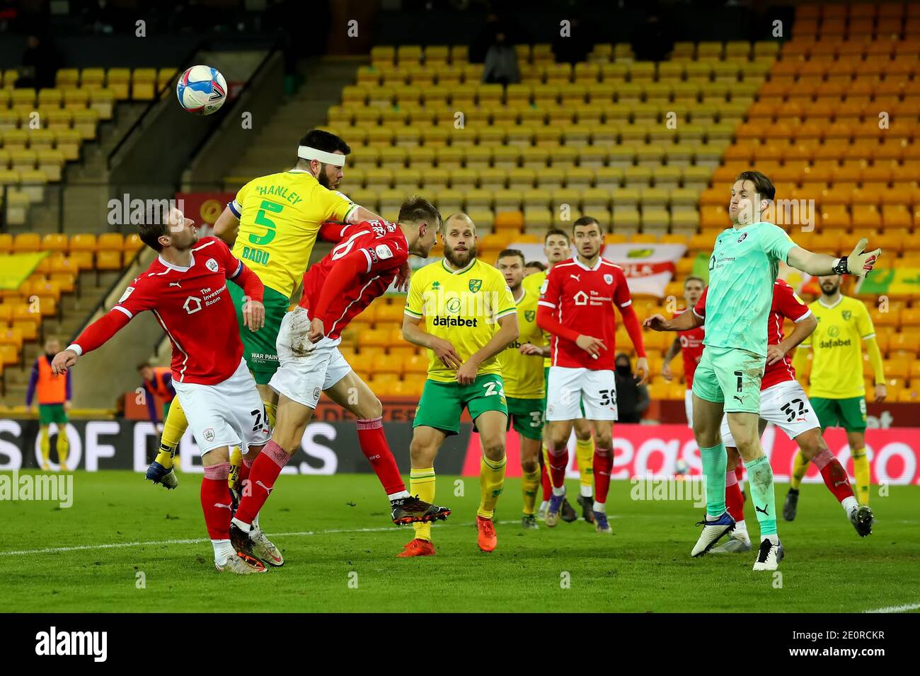 2nd January 2021; Carrow Road, Norwich, Norfolk, England, English Football League Championship Football, Norwich versus Barnsley; Grant Hanley of Norwich City miss times a header on goal Stock Photo