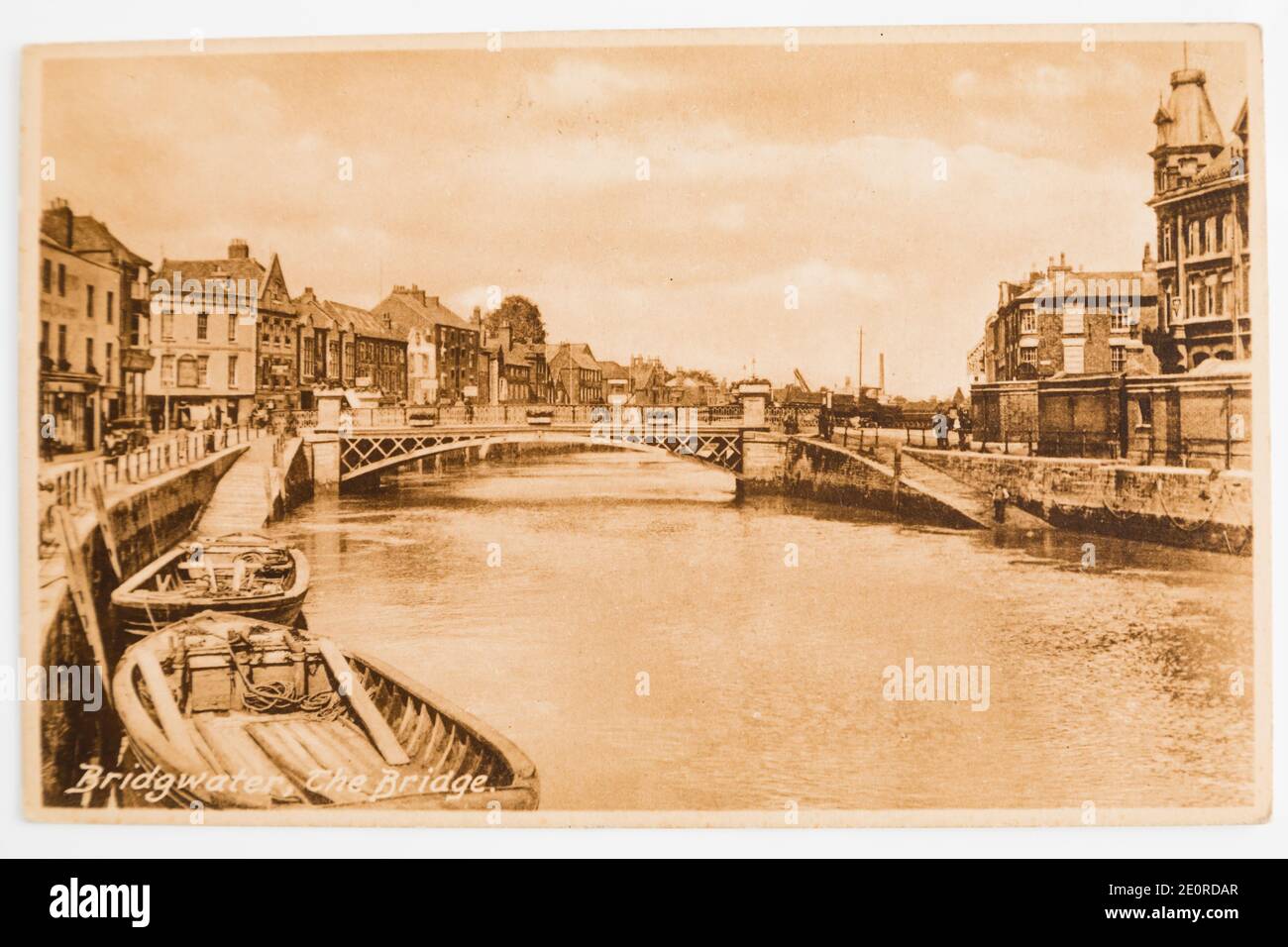 Old sepia Post card  of the Bridge over the River Parrett, Bridgwater, Somerset in the 1940’s. Stock Photo