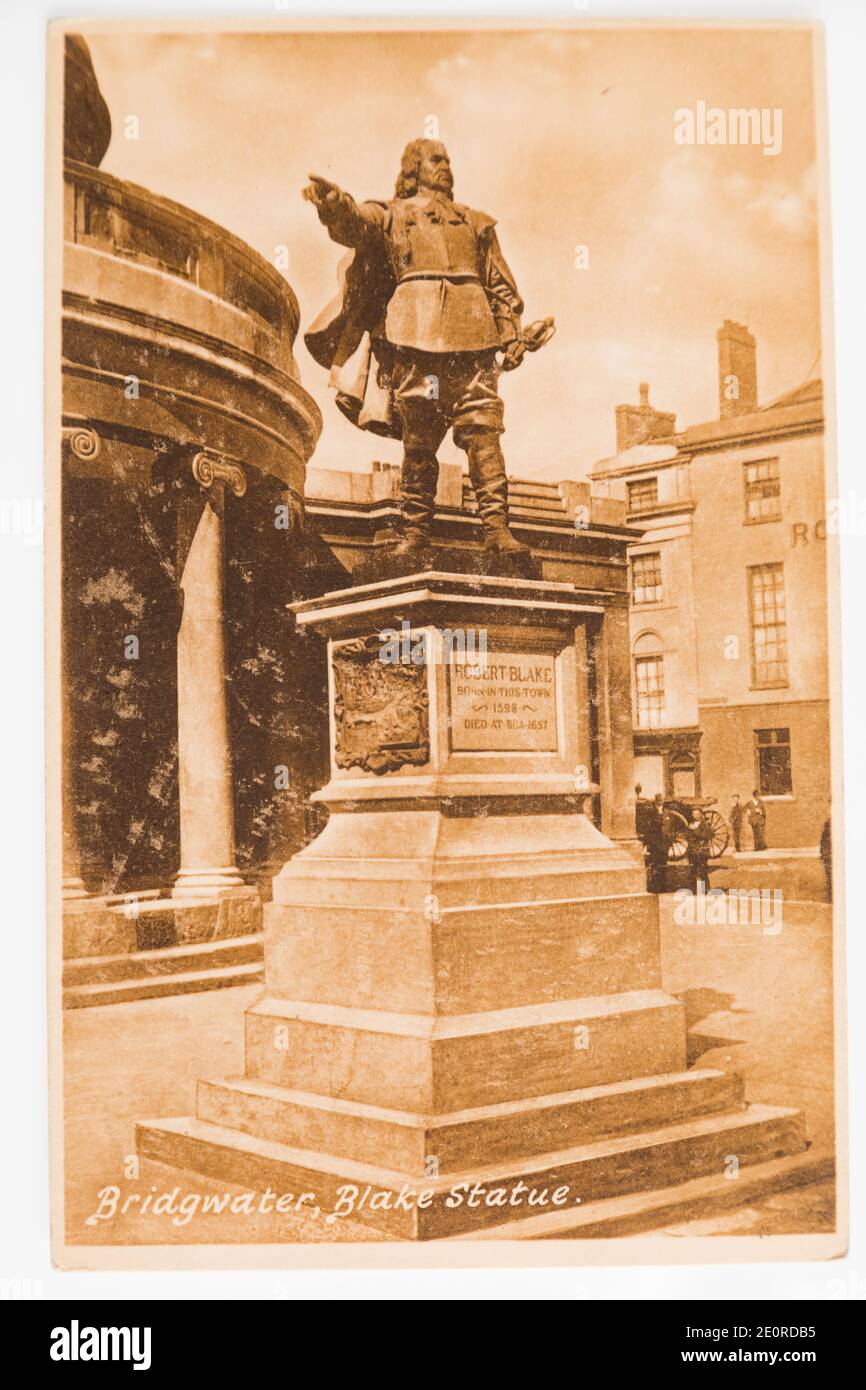 Old sepia Post card  of the statue of Robert Blake, Bridgwater, Somerset in the 1940’s. Stock Photo