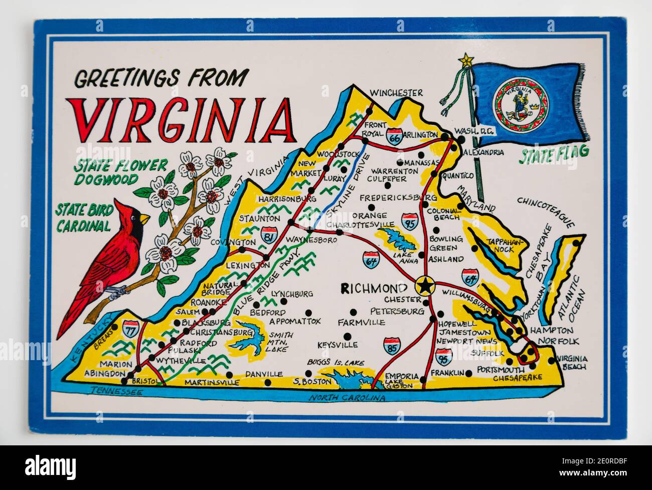 Old “greetings from Virginia” Post card posted in 1993. Stock Photo