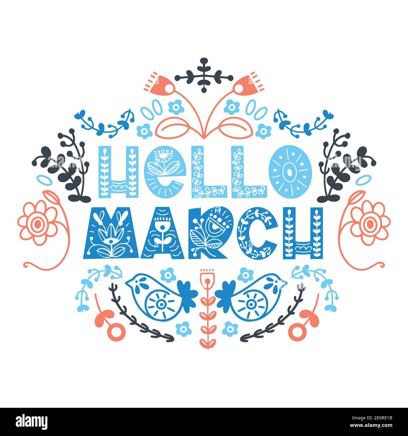 Hello March lettering. Elements for invitations, posters, greeting ...