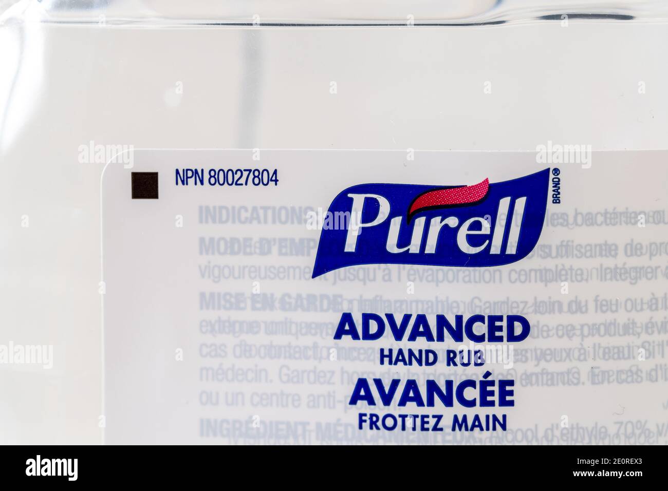 Toronto, Canada-January 10, 2020: A plastic bottle of Purell Advanced Hand Rub which contains a high concentration of alcohol. . Illustrative Editoria Stock Photo