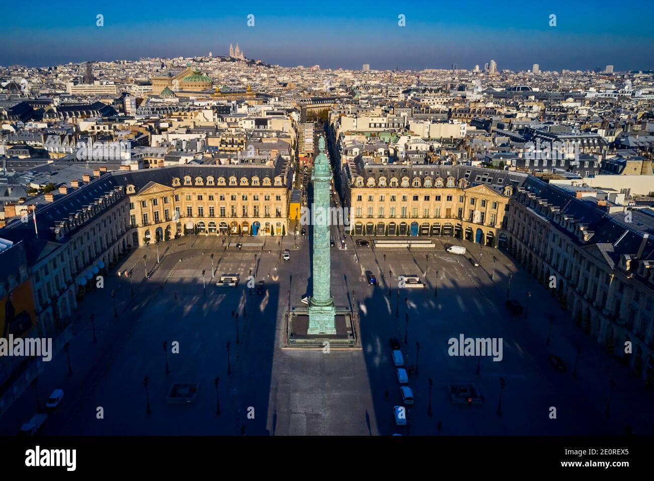 France, Paris, Place Vendome, the Vendome column with the statue of Napoleon as Caesar by Auguste Dumont Stock Photo