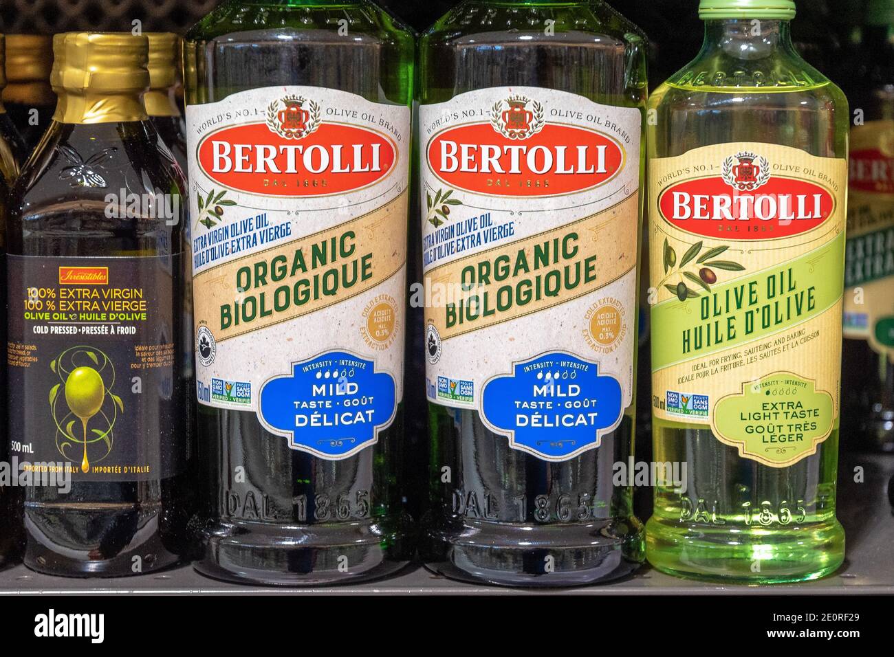 Bertolli branded bottles of olive oil on a supermarket shelf. There are no people in the color scene. Stock Photo