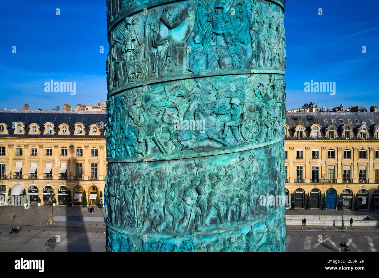 France, Paris, Place Vendome, the Vendome column with the statue of Napoleon as Caesar by Auguste Dumont Stock Photo