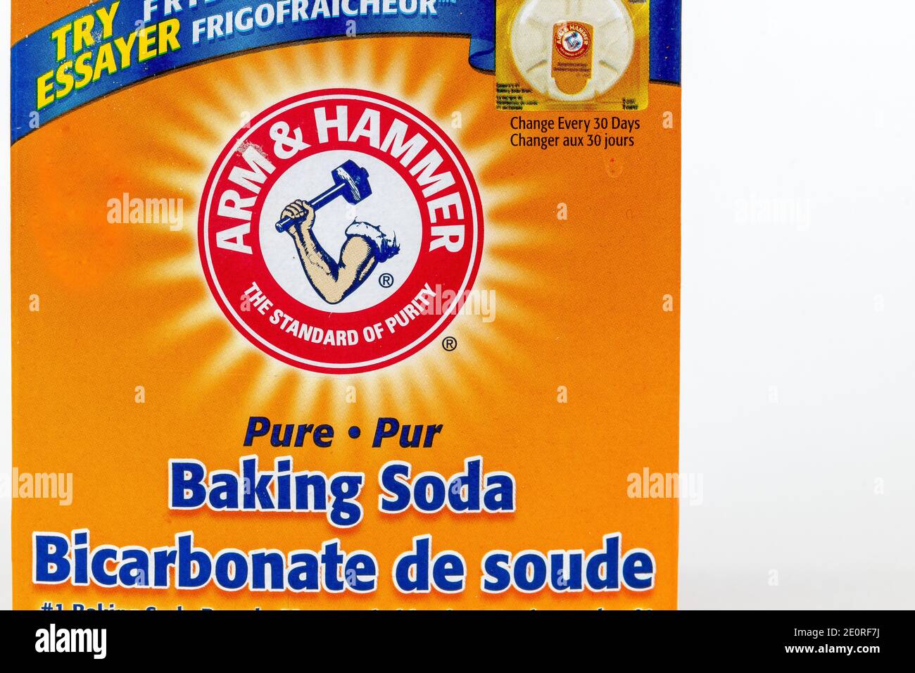 In this photo illustration, a front view of the Arm & Hammer baking soda box. Stock Photo