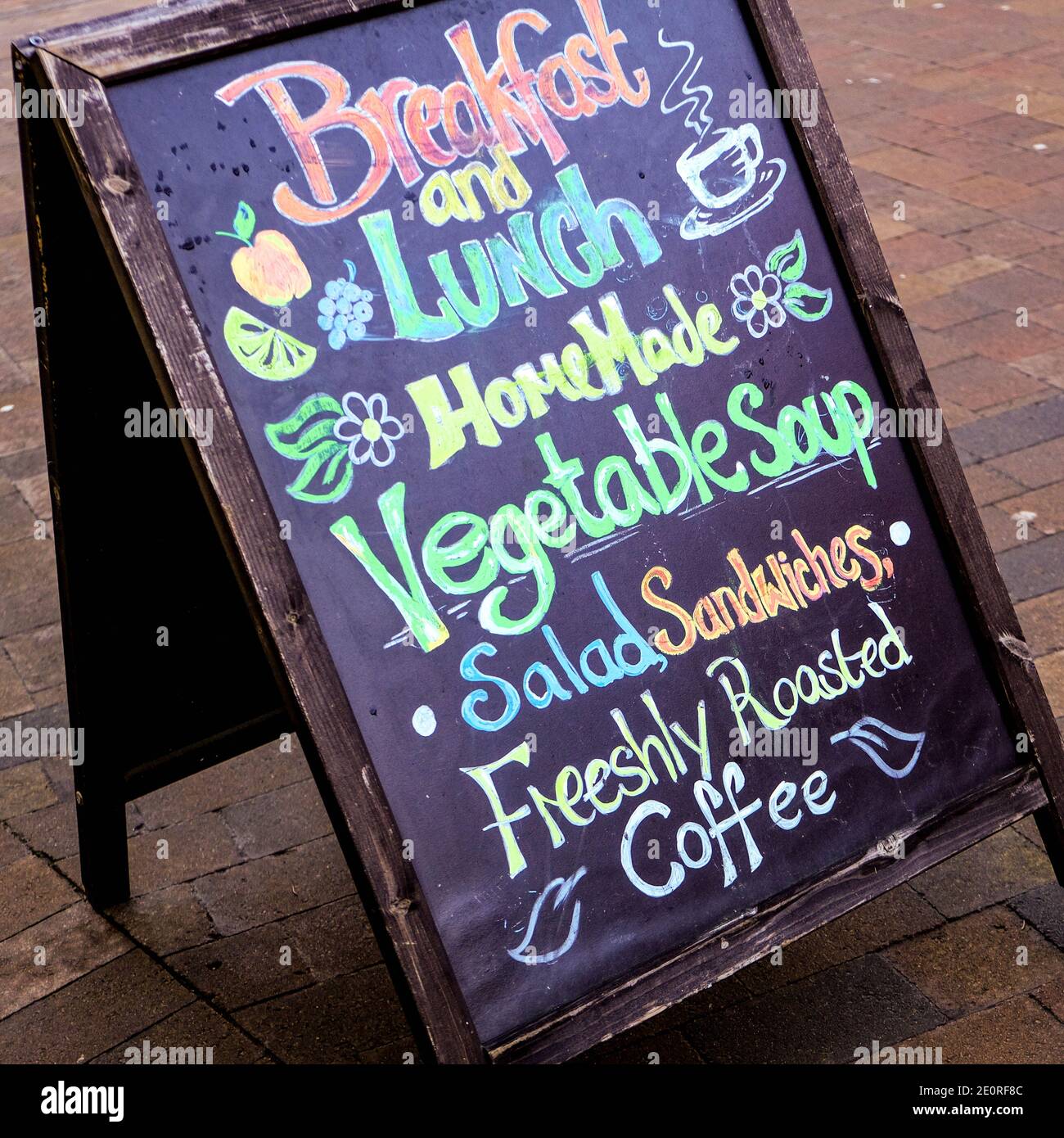 London UK, January 02 2021, Sign Board Advertising Healthy Vegetarian Food Outside A High Street Cafe Stock Photo