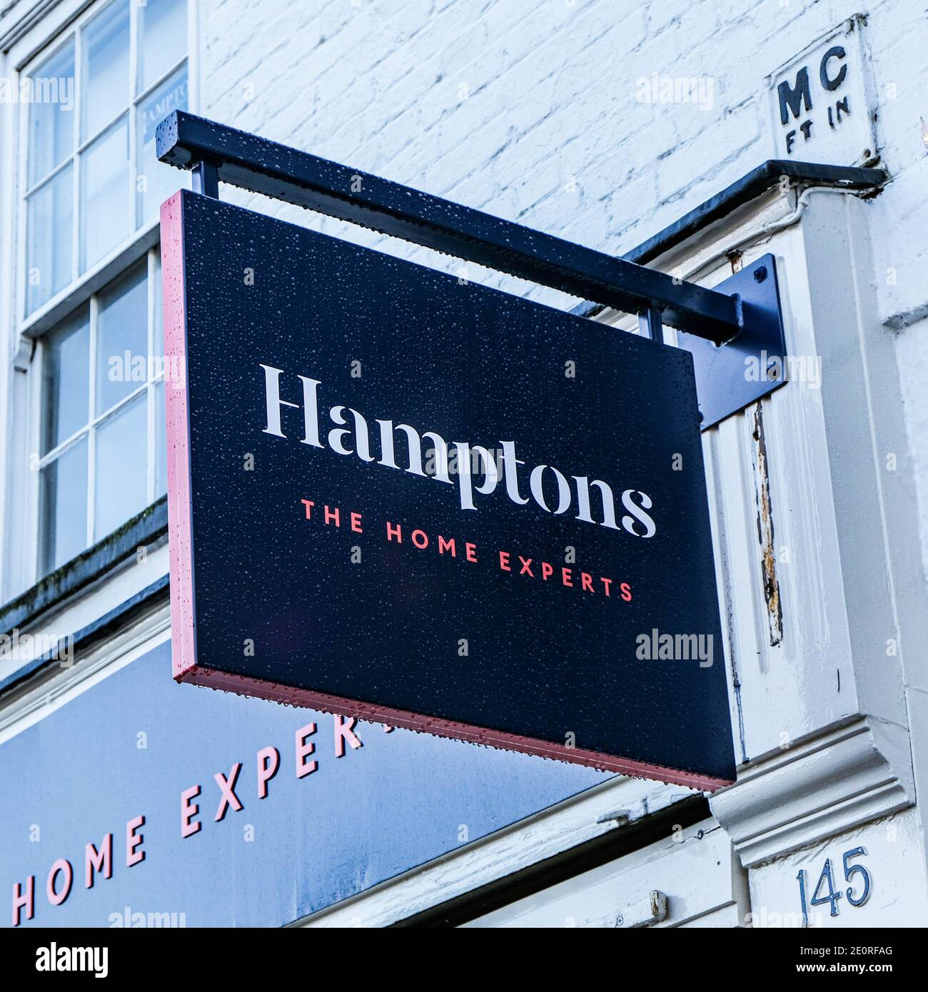 London UK, January 02 2021, Close-up Logo And Sign Board Of Hamptons Estate Agents Stock Photo