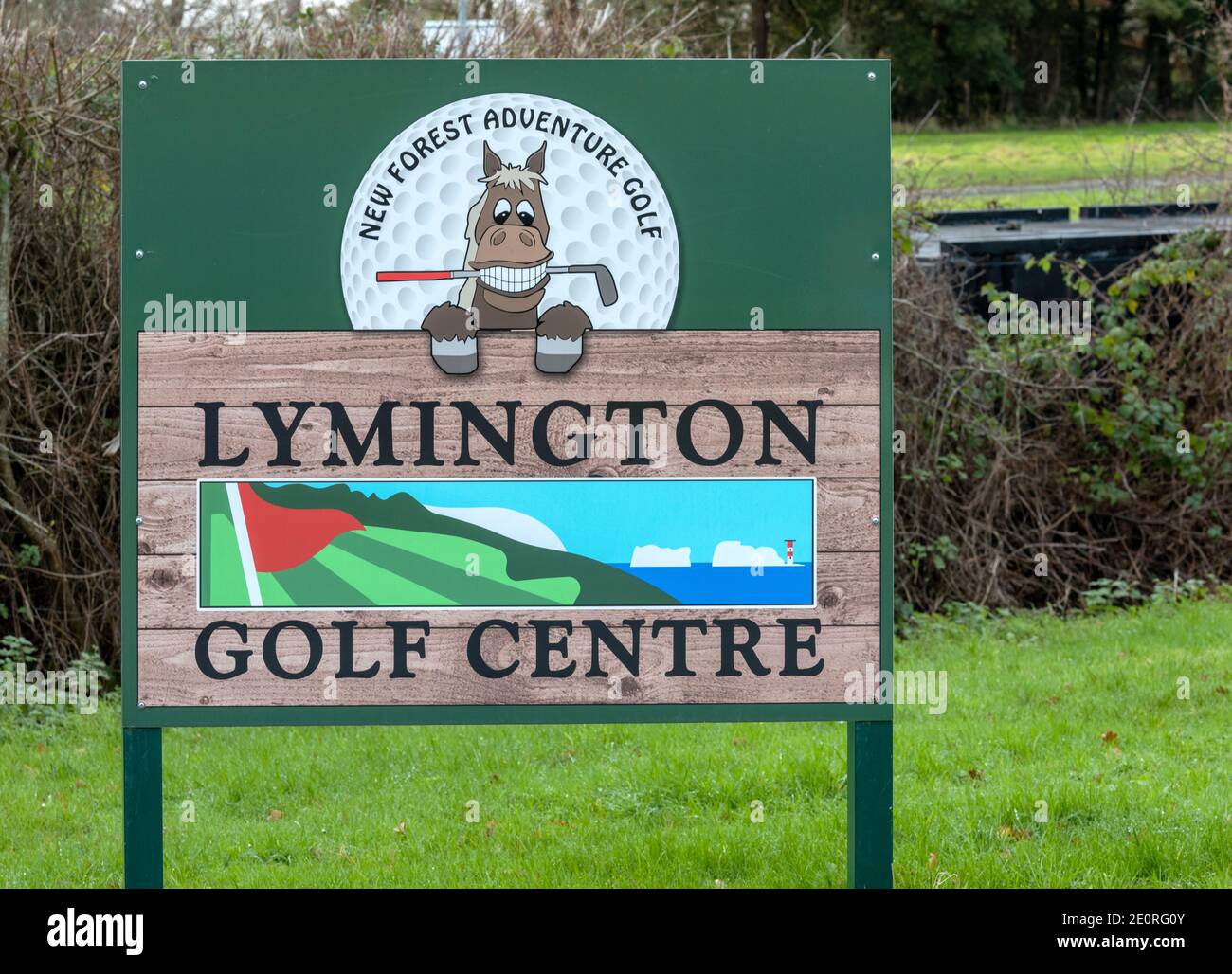 Name board at the entrance to Lymington Golf Centre, Lymington, New Forest, Hampshire, England, UK Stock Photo