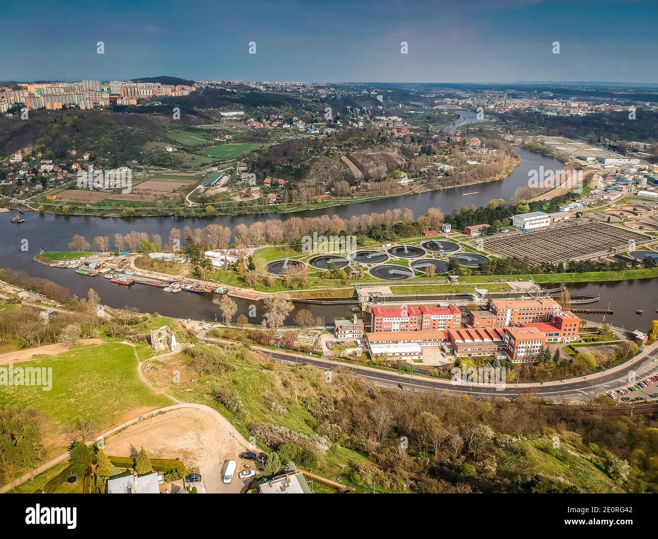 Aerial view of sewage disposal plant in Podbaba, Dejvice in Prague 6 by the river Moldau Stock Photo