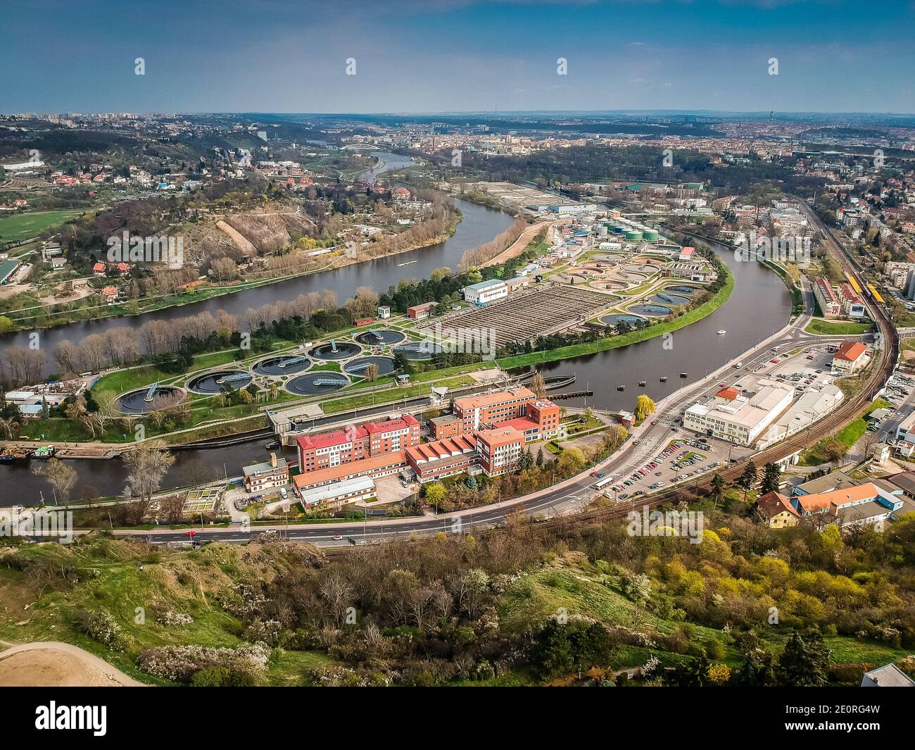 Aerial view of sewage disposal plant in Podbaba, Dejvice in Prague 6 by the river Moldau Stock Photo