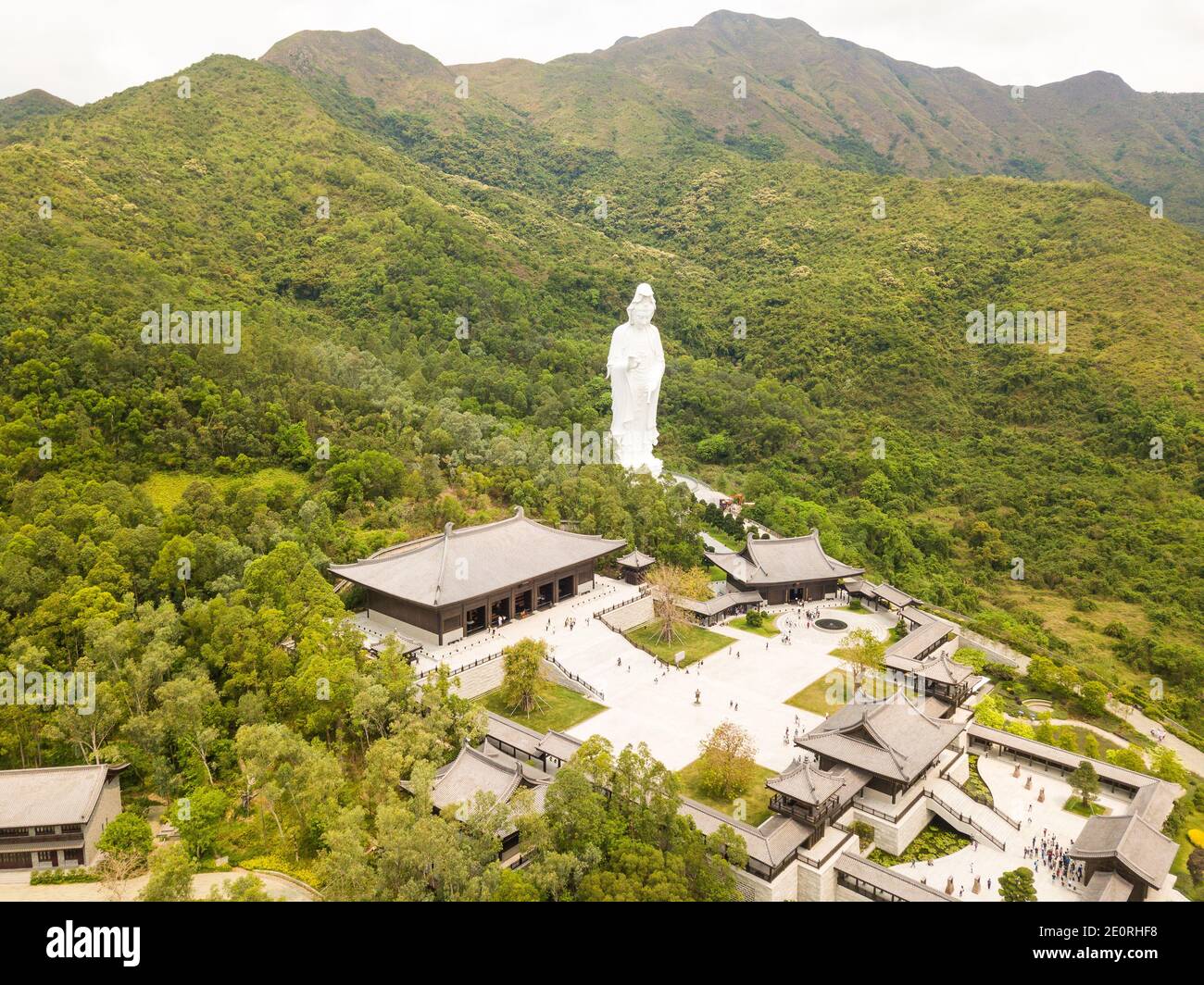 A drone view of the Guan-Ying statue of the Tsz Shan monastery in Tai Po, Hong Kong. Stock Photo